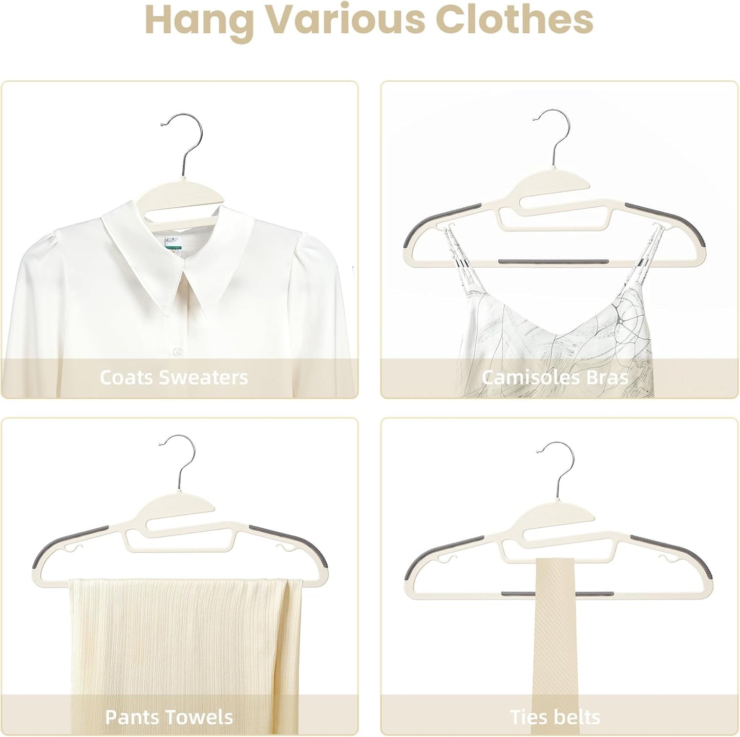 BAGAIL Plastic Hangers 50 Pack with Non-Slip Design,0.2 Inches Thick, 360°Swivel Hook Space Saving Organizer for Bedroom Closet,Shirts,Pants(Beige- S Shaped)