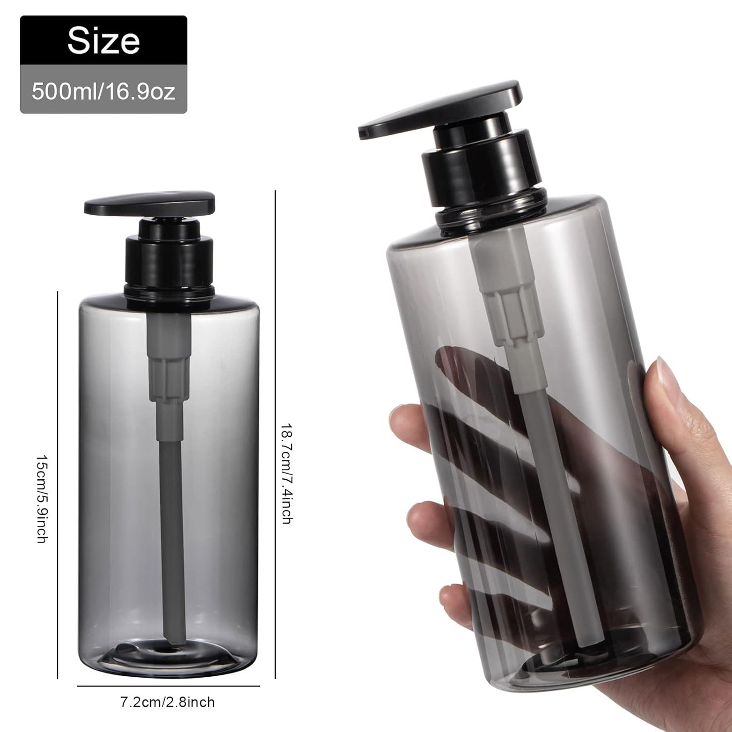 Shampoo Bottles with Pump, Yebeauty 2 Pack Empty Refillable Shower Bottle 17oz 500ml Squeeze Lotion Dispenser for Bathroom,Shampoo Soap, Conditioner Body Wash Liquidl,Clear Grey