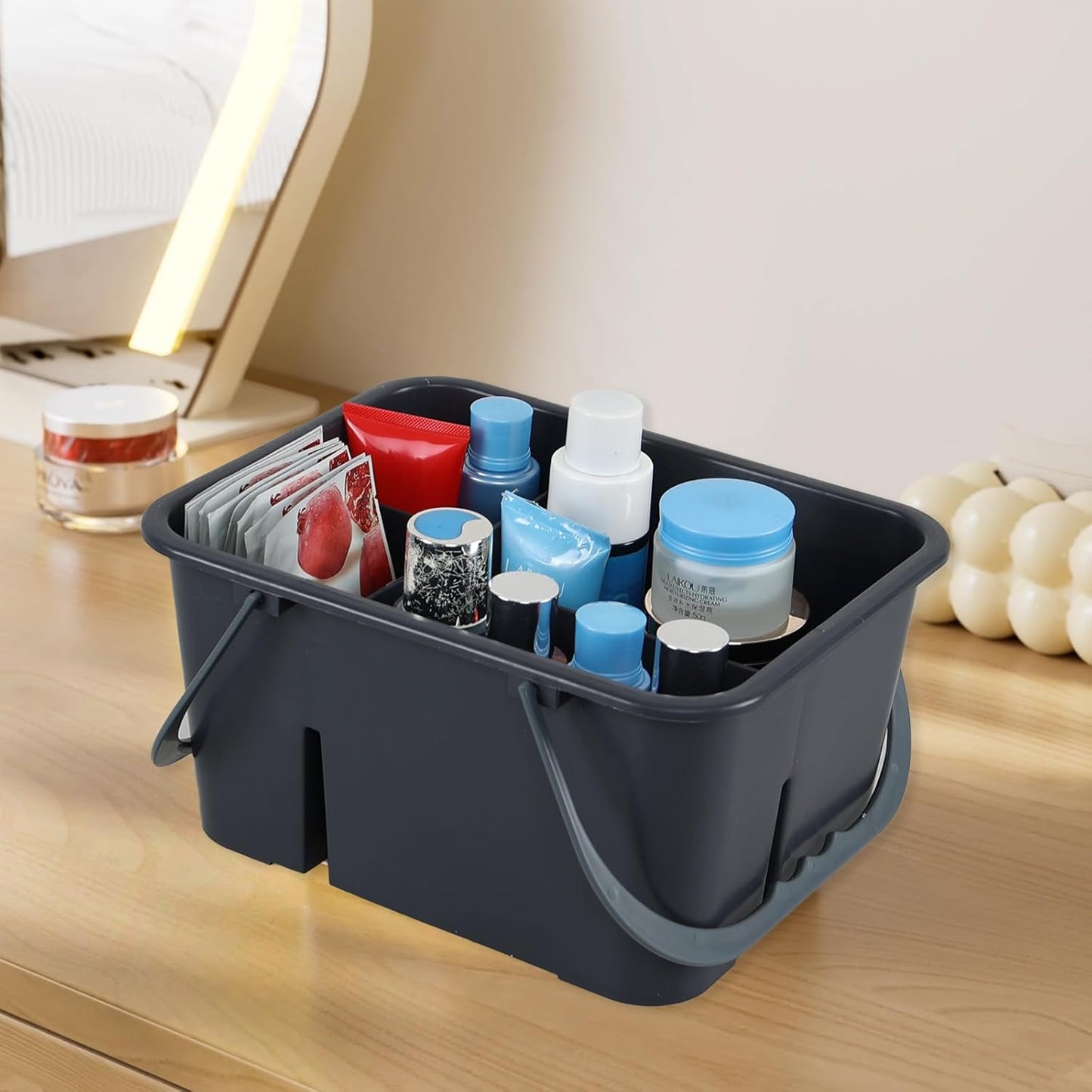 4 Compartment Plastic Utility Tote Caddy, Cleaning Caddy Basket with Handle, Grey