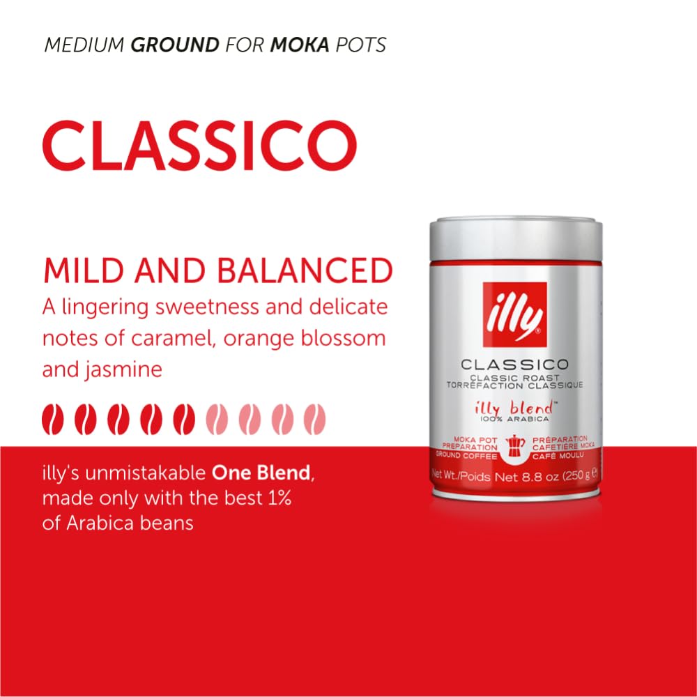 illy Ground Coffee Moka - 100% Arabica Beans - Rich Aromatic – Classico Medium Roast - Notes of Caramel, Orange Blossom & Jasmine - No Preservatives – 8.8 Ounce, 12 Pack