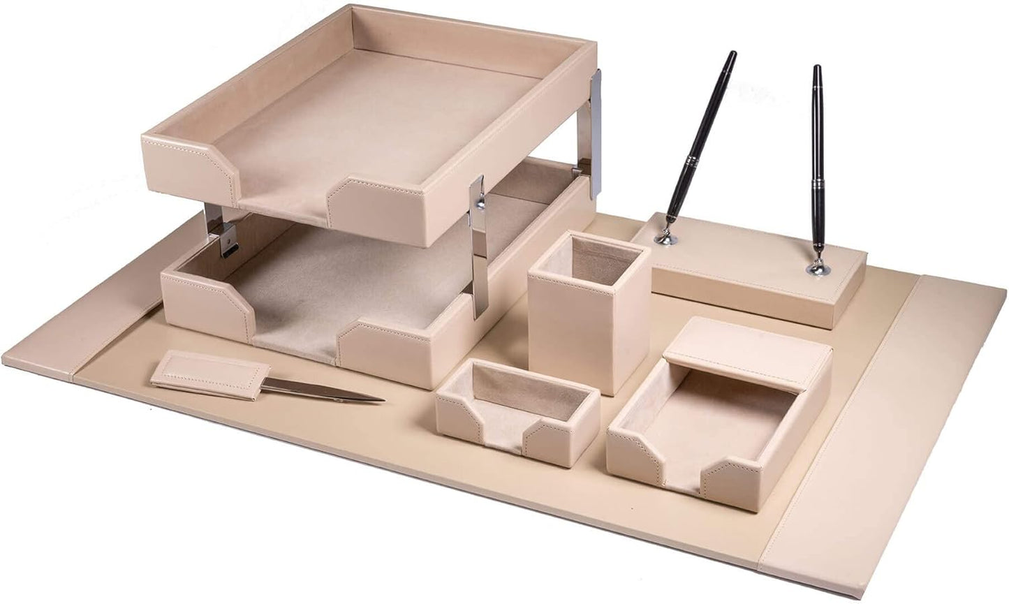 Dacasso Bonded Set Luxury Leather Desk Pad & Desk Organization Essentials, 9 Piece, White Latte