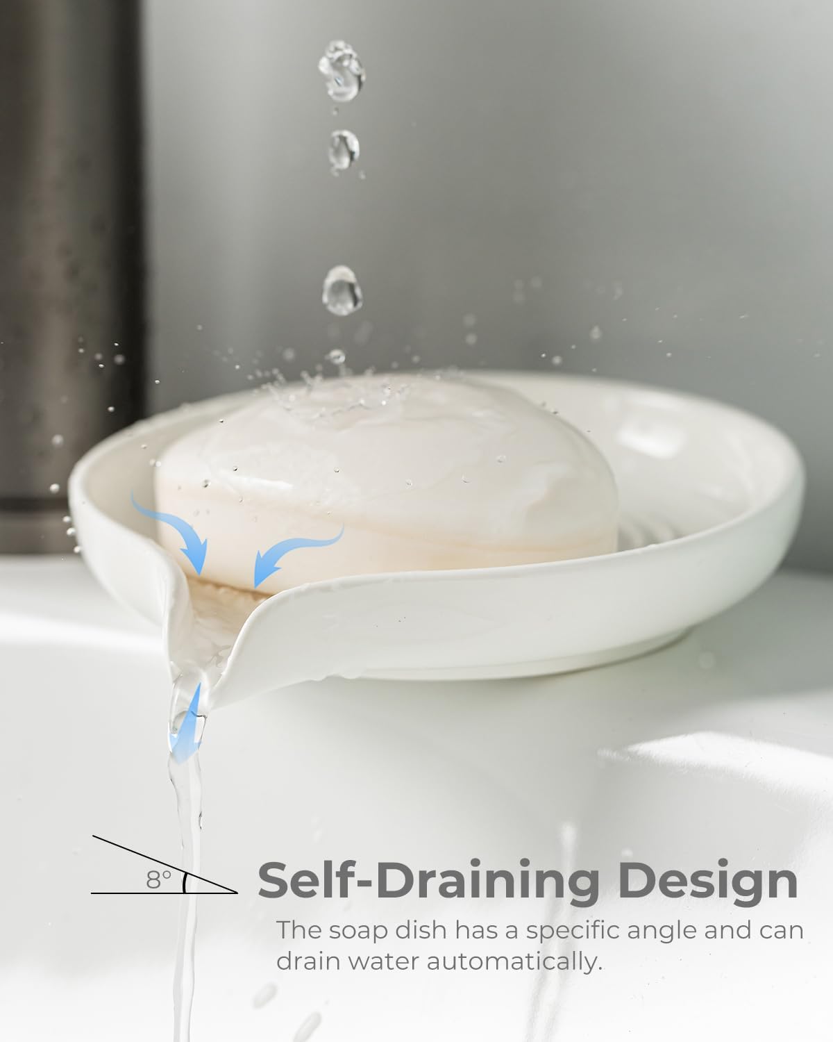 Self Draining Soap Dish, Ceramic Drain Soap Holder Waterfall Design Soap Saver for Shower, Bathroom, Sink, Kitchen and Countertop, Keeps Dry, White