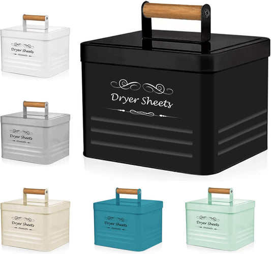 ELITAPRO Dryer Sheets Holder for Laundry Room - Farmhouse Dryer Sheet Box with Lid - Laundry Room Decor & Accessories - Metal Dryer Sheet Container for Laundry Room Organization & Storage (Black)