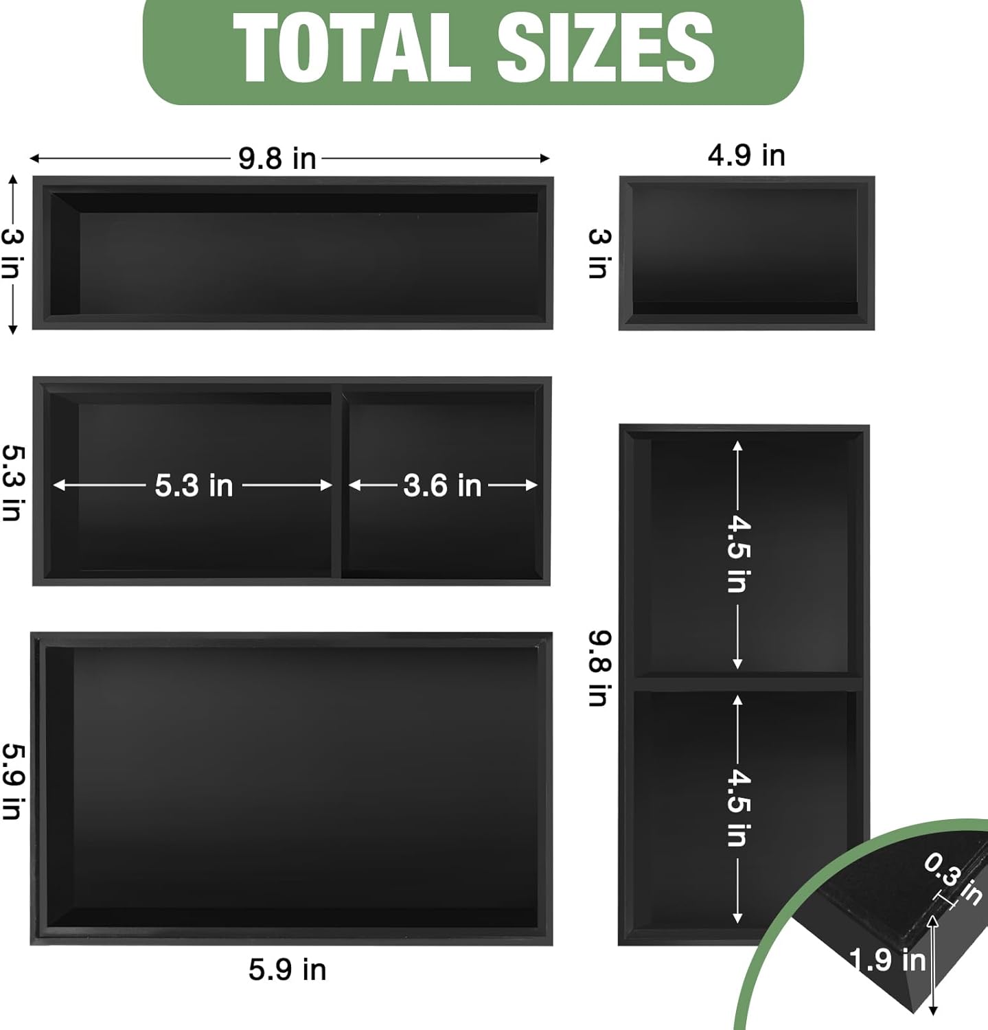 Bamboo Drawer Organizer, 5-Piece Silverware & Kitchen Organizer Set with Removable Dividers for Kitchen, Utensils, Bathroom, Office, Makeup (Black)