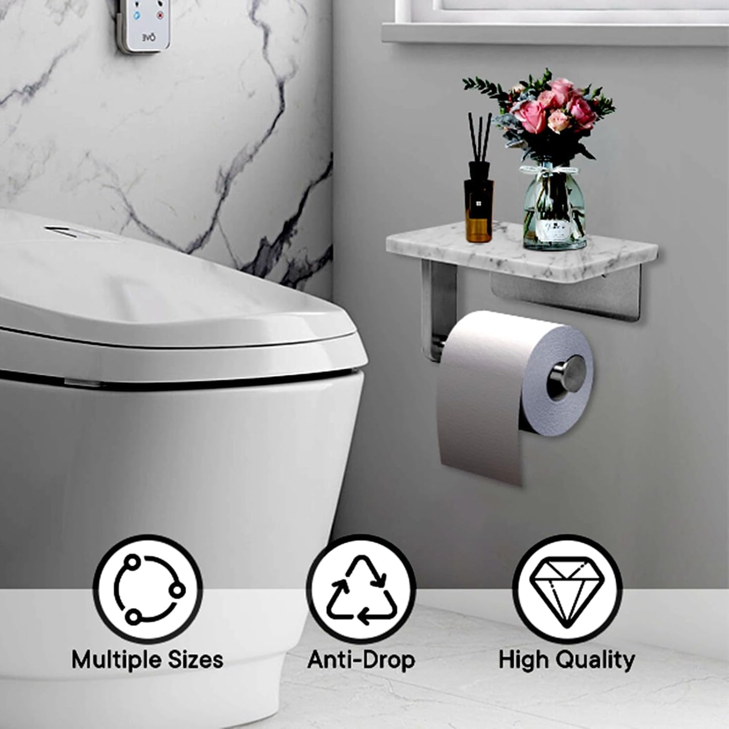 Toilet Paper Holder with Natural Marble Shelf for Bathroom Washroom,Wall Mounted Tissue Holder Suitable for Mega Roll (Brushed Nickel,Small 6.7 * 4.3 in)