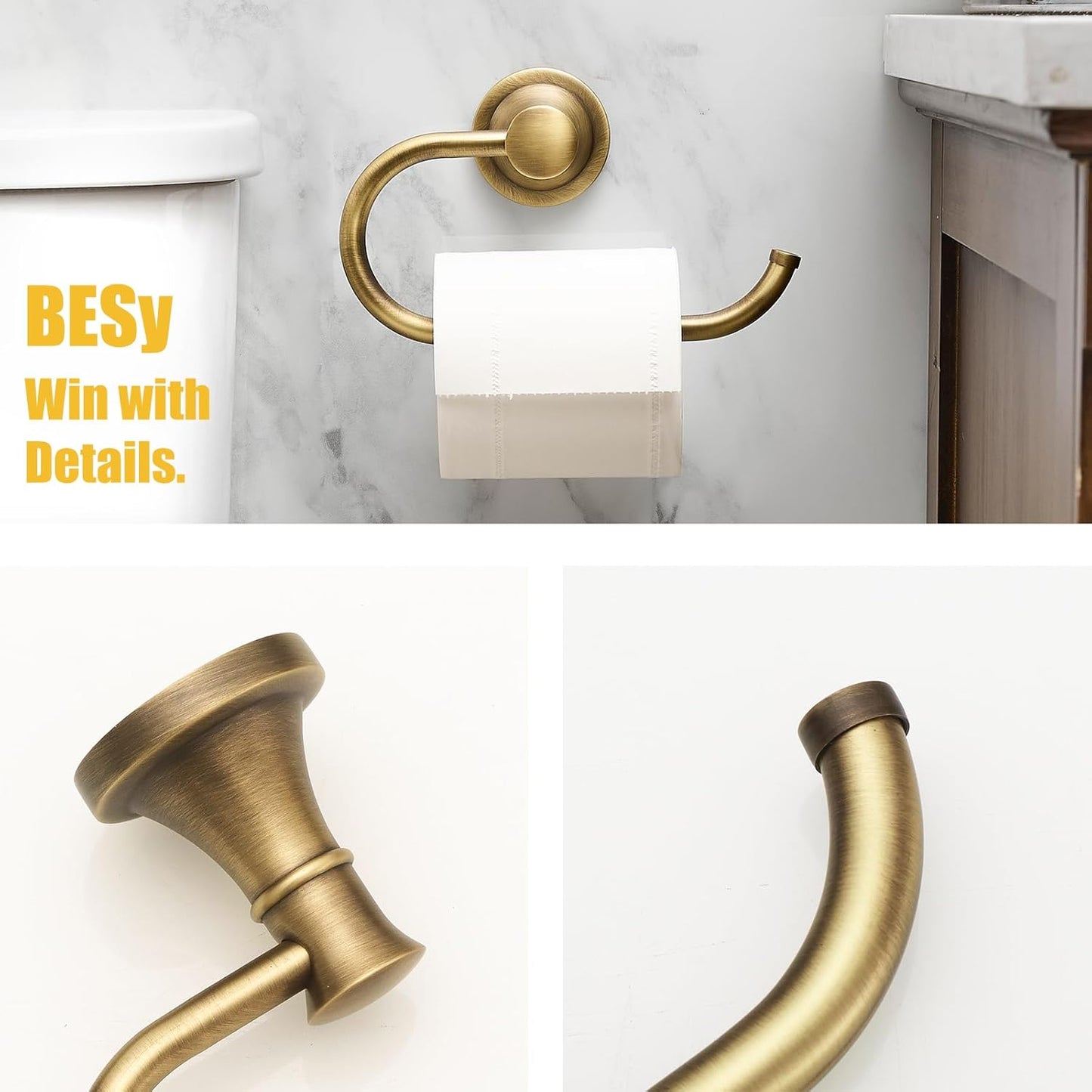 BESy Antique Brass Toilet Tissue Paper Holder Bathroom Accessories Toilet roll Paper Hanger, SUS304 Stainless Steel,Wall Mounted, Rustproof