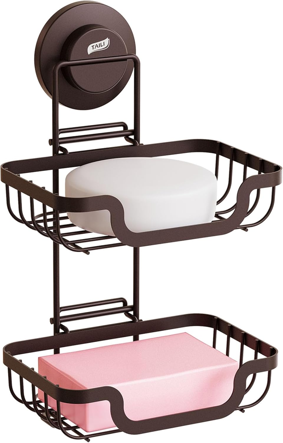 TAILI Double Layer Soap Holder, Bar Soap Dish Suction Cup for Shower Wall, Draining Saver Tray for Bathroom, Rustproof Stainless Steel Sponge Holder for Tub, Kitchen, Drill-Free, Brown