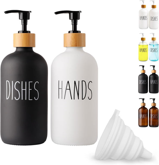 2 Pack Glass Soap Dispenser Set, Hand and Dish Glass Soap Dispensers for Kitchen Sink, Kitchen Soap Dispenser Set Suitable for Black and White Kitchen Décor