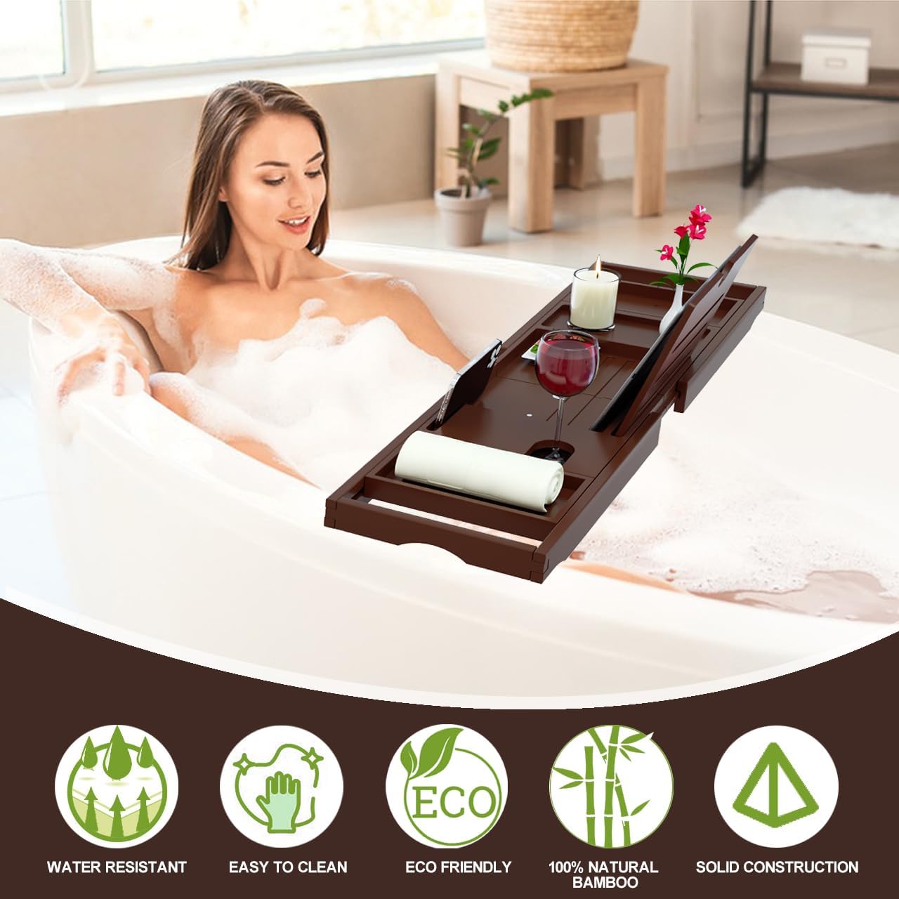 Premium Bamboo Bathtub Caddy Tray - Bath Tray - Bath Tub Tray Table for Bathtub - Expandable Size, Fits Most Bath Tubs - Brown