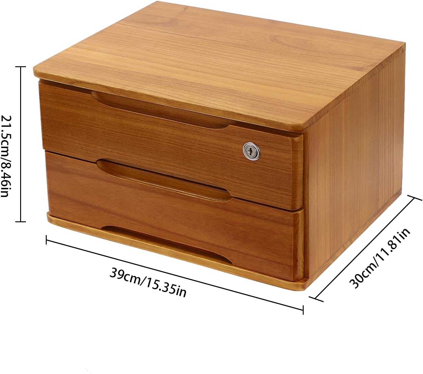 2-Tier Wooden Desktop Storage Box Desk Organizer with 2 Drawers and Lock Countertop Drawers Organizer for Office Supplies File Paper Cosmetic Jewelry, 15.4x11.8x8.5 in (Light Brown)