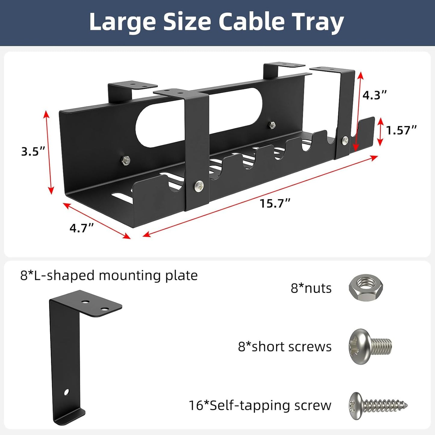 2 Pack Cable Management Under Desk Tray,Adjustable Length(15.7”-31.4”) Large Cord Organizer for Wire Management Tray,Under Table Cord Wire Organizer for Home,Office,Computer Desk