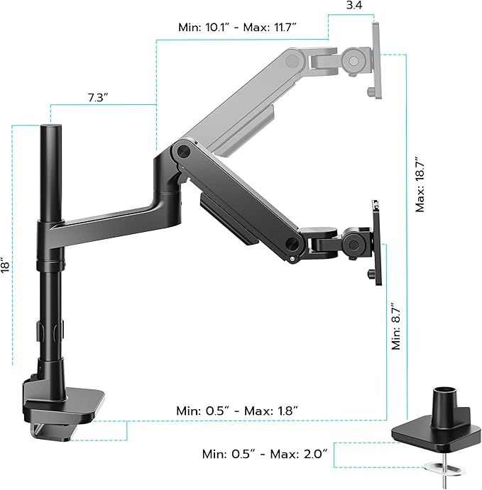 ARES WING Heavy-Duty Monitor Mount for 17-49 inches Ultrawide Curved Flat Monitors, Holds 44lbs, with 18" Extended Column for Desk, Adjustable Gas Spring, Black