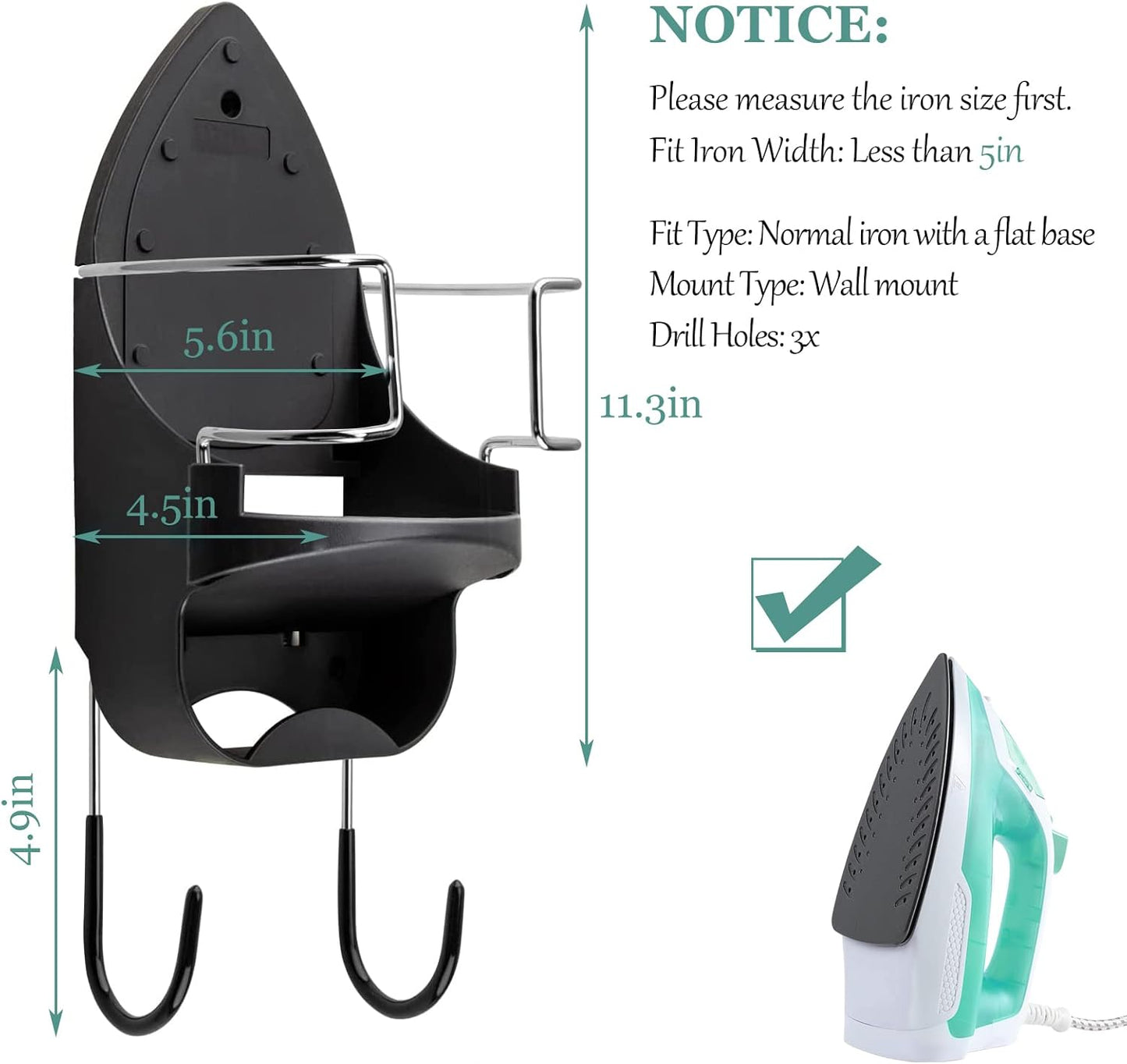 Ironing Board Hanger Wall Mount Electric Iron Holder Iron and Ironing Board Storage Organizer Shelf with Removable Hooks for Household Bathroom Laundry Room (Black)