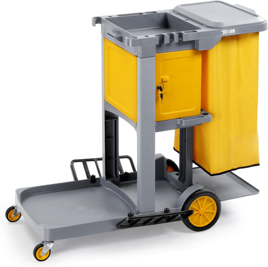 TUFFIOM Multifunctional Janitorial Cart with Key-Locking Cabinet,Cleaning Carts on Wheels,with 15 Gallon Collection Bag,500 lbs Capacity, Yellow&Gray