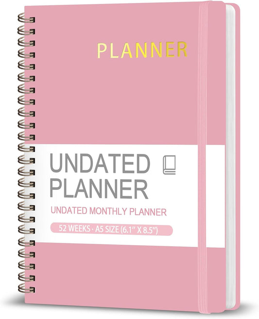 Undated Weekly Planner, Weekly To Do List Notebook with Goal, Organizer & Habit Tracker, A5 Daily Planner with Spiral Binding, Ideal for Office School Suppies - Pink