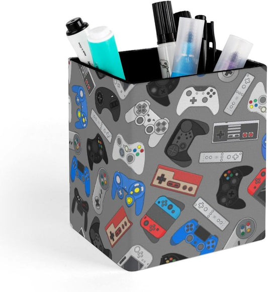 Square Pen Holder & Pencil Organizer for Desk - Office Storage Organizer, Markers/Makeup Brushes/Scissors Holder, Compact Desk Decor Accessories for Home Classroom School(Video Games)