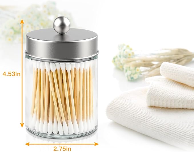 2 Pack Glass Apothecary Jars with Lids for Bathroom, Cute Qtip Holder, Silver Bathroom Accessories Set, Small Bathroom Canisters with Lids for Q-Tips, Cotton Swabs, Silver Bathhouses Decor