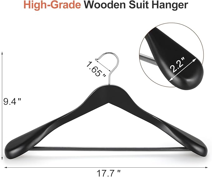 TOPIA HANGER Wide Shoulder Wooden Hangers, Suit Hangers with Non Slip Pants Bar & 360° Swivel Hook, Solid Wood Heavy Duty Coat Hanger, 6 Pack (Matte Black)-CT02B