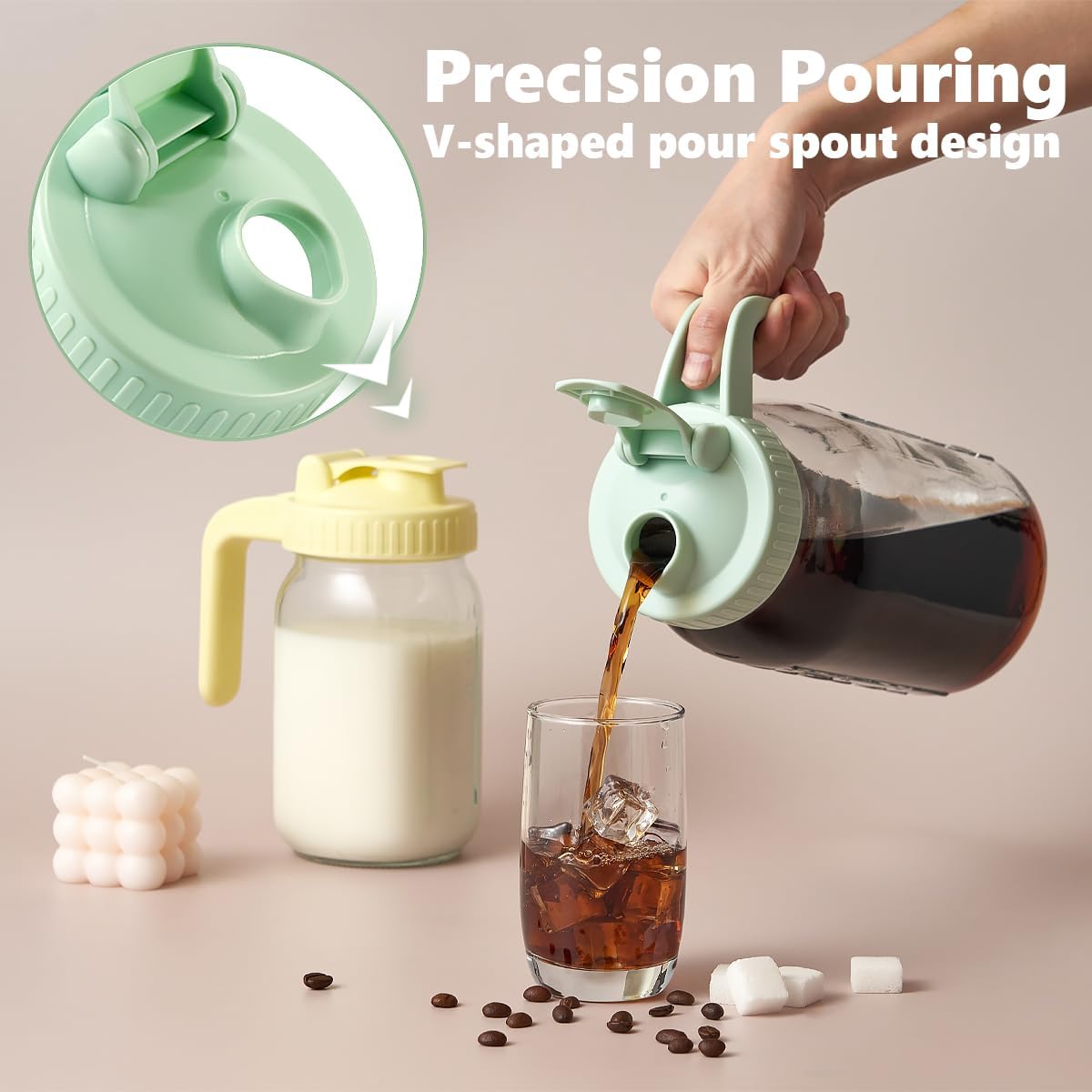 2 Pack 32oz Glass Pitcher with Lid & V-shaped Pour Spout - 1 Quart Double Leak Proof, Creamer Container for Sun Tea, Juice, Cold Brew Coffee, Breastmilk Storage Container