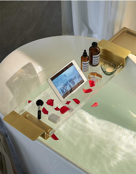 WANLIAN 33 Inch Luxury Bathtub Caddy Tray - Shelf for Shower Storage, Organizer for Bathtub, Clear-B