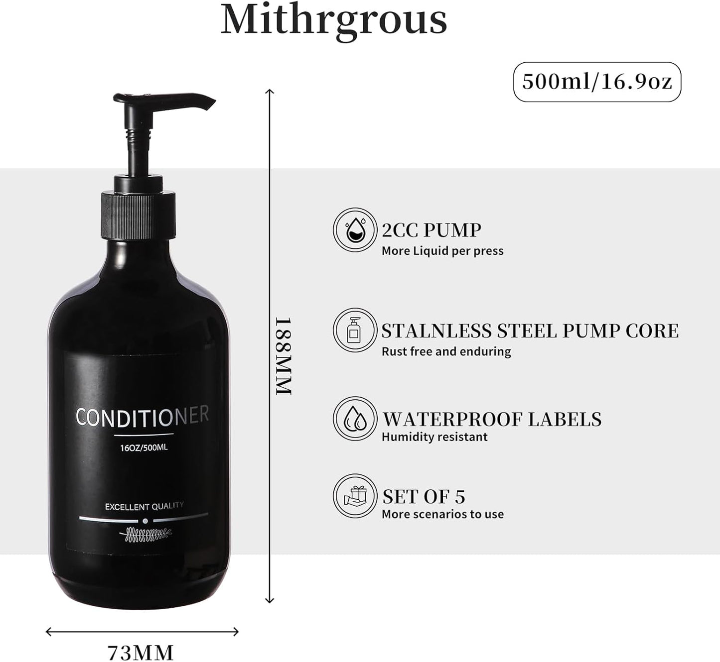 (5Pack) Black Shower Bottles Refillable with Labels, 16.9oz Reusable Shampoo and Conditioner Bottles,Shampoo Dispenser Bottles