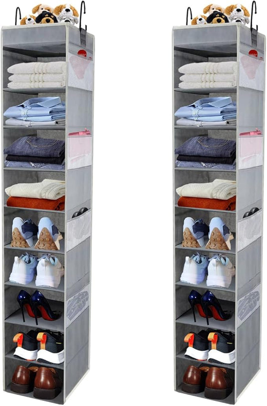 2 Pack Large-Sized Hanging Shoe Organizer 10-Shelf, Sturdy Hanging Closet Organizer with 8 Side Pockets, Wider Hanging Shelves for Storage Shoes Clothes Jeans Shirts Toys, Grey.