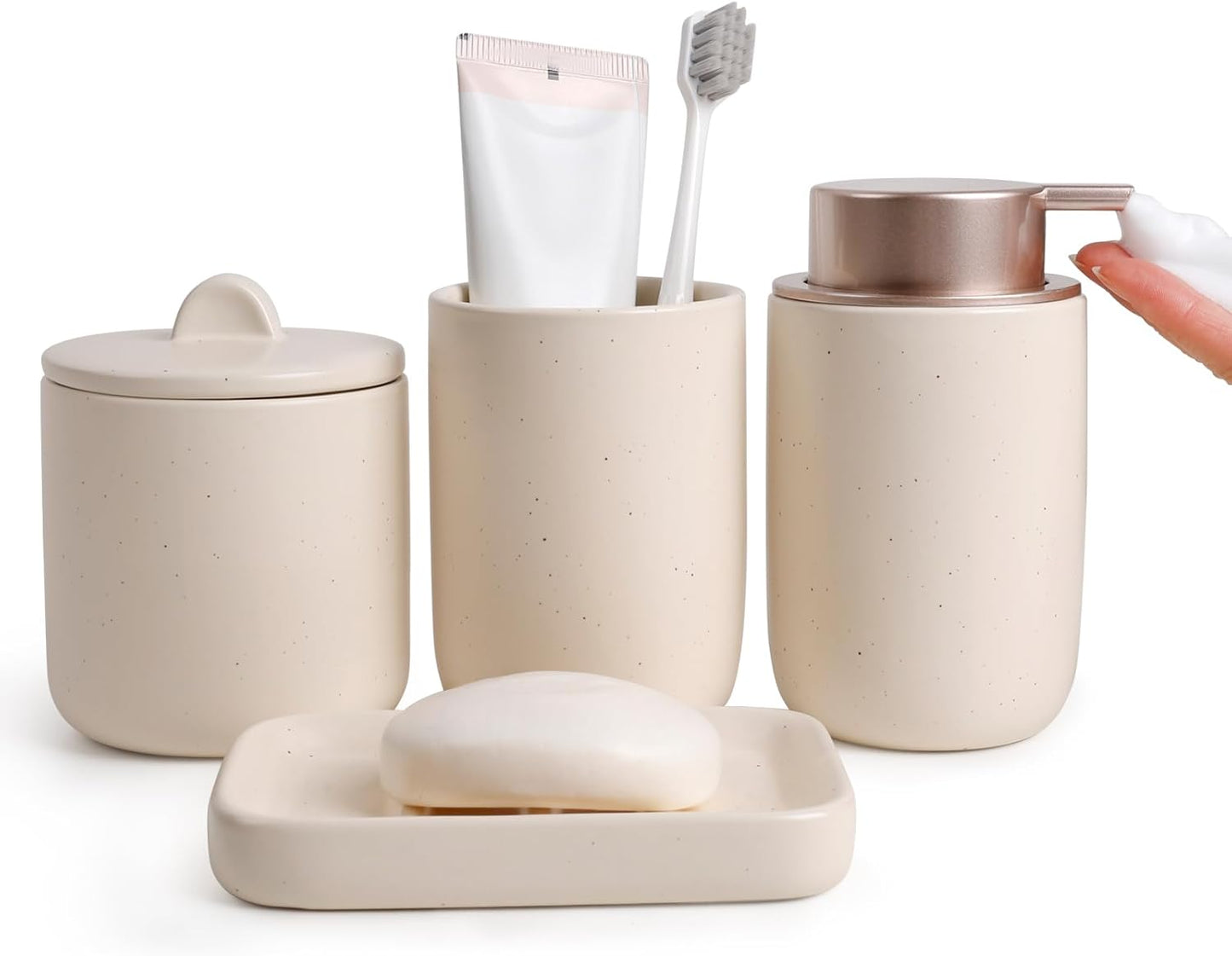 BosilunLife Apricot Bathroom Accessories Set - Ceramic Bathroom Accessories Sets Complete Foaming Soap Dispenser and Toothbrush Holder Set, Soap Dish, Qtip & Cotton Ball Holder Modern Bathroom Set