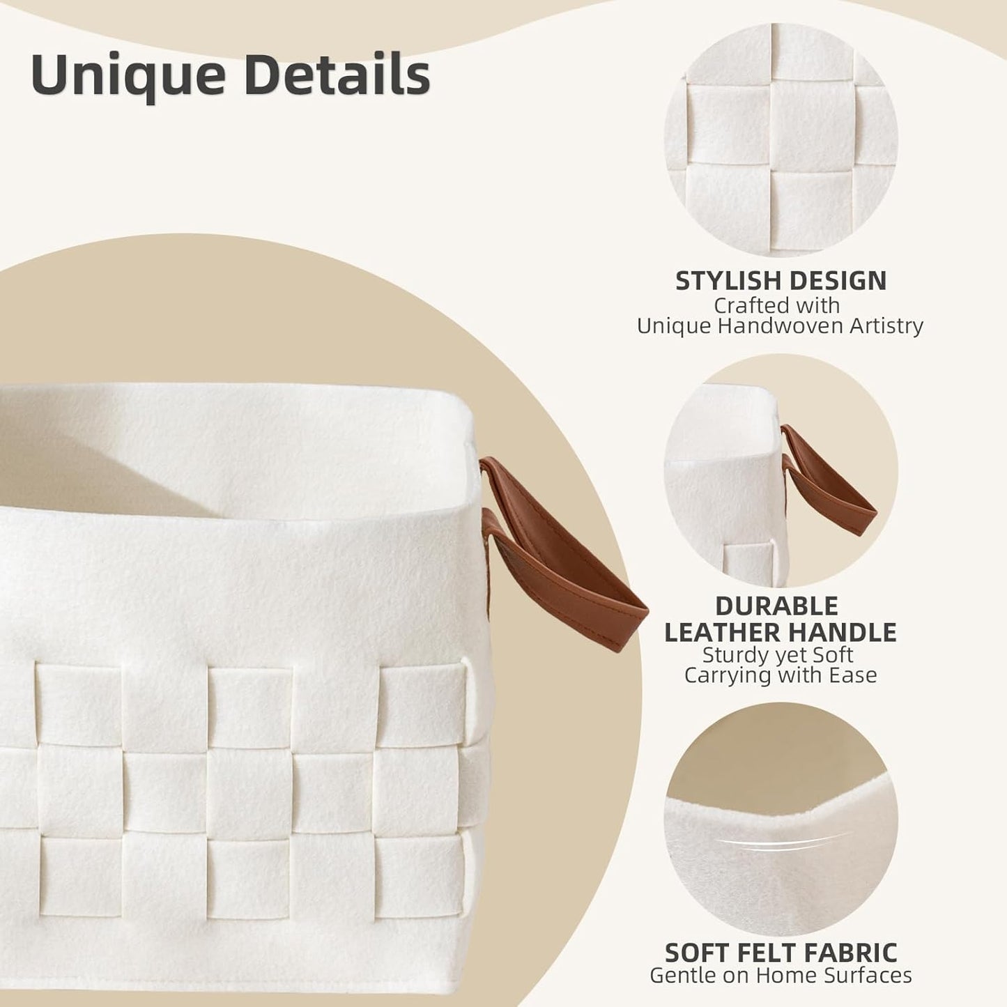 Bold monkey Storage Basket 3 Pack, Medium 10" x10" x10 " Baskets for Shelves with Leather Handle, Cube Felt Fabric Storage Box for Bedroom, Nursery, Living Room - Beige