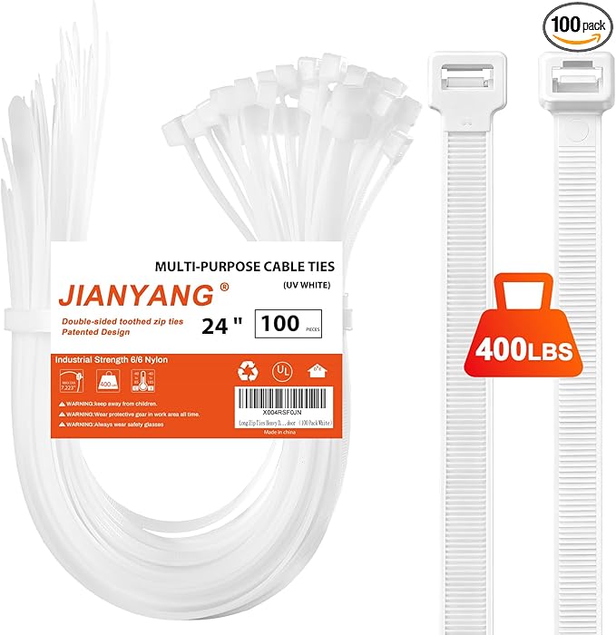 Long Zip Ties Heavy Duty 24 inch，400 LBS Tensile Strength With Double Sided Toothed Super Durable Cable Ties ，Extra Large Wire Ties Adjustable Nylon Tie Wraps for Indoor Outdoor （100 Pack White）