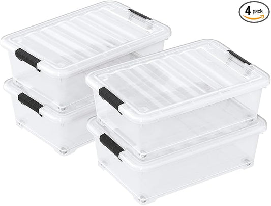 20 Quart Under Bed Plastic Latch Storage Totes with Wheels, Clear Underbed Storage Container, 4 Packs