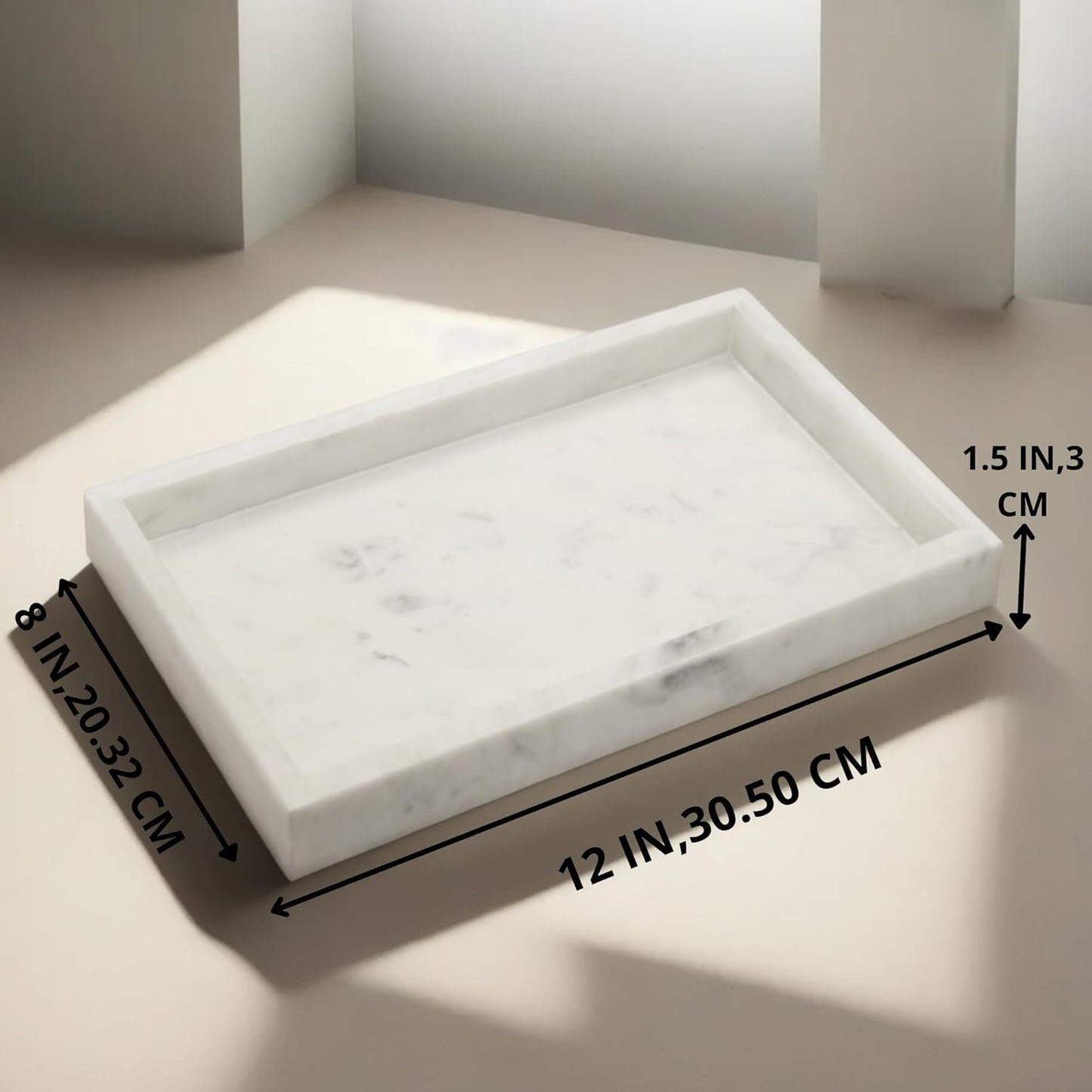 Natural White Marble Tray for Bathroom | Kitchen | Vanity | Desktop, Stone Organizer for Coffee Table, Dresser, Nightstand, Candles, Soap, Towel, Plant, Jewelry (12" x 8"), Rectangular