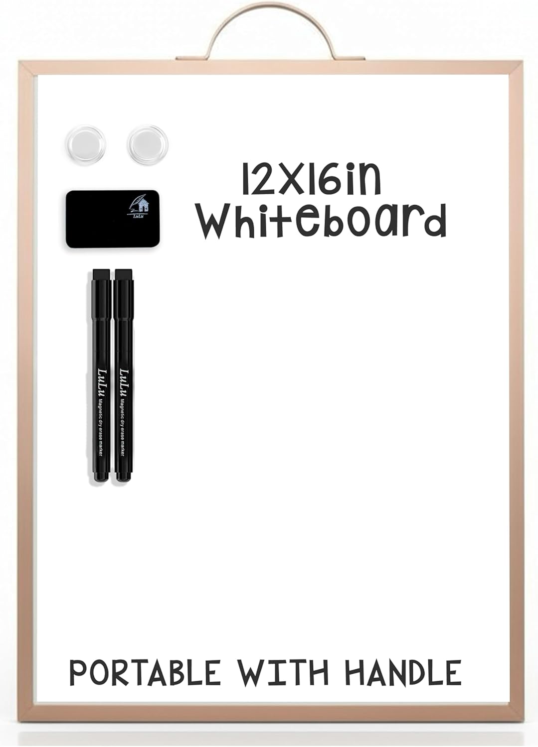 Small Whiteboard 12 x 16 Inch Magnetic Dry Erase Board with Handle | Rose Gold Aluminum Frame | Double-Sided Portable Board for Home, Office, Reception, Events | 2 Markers, Eraser & 2 Magnets