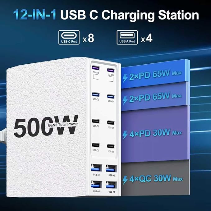 500W USB C Charger Block, 12-Port USB C Charging Station for Multiple Devices, Leather Texture Dual PD 65W Laptop Fast Charger Compatible with MacBook Pro/Air, iPad, iPhone,Galaxy and More, White