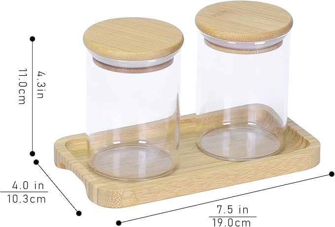 Qtip Holder with Vanity Tray - 2 Pack Glass Apothecary Jars with Lids, Cotton Ball Swab Pad Floss Pick Holder, Bathroom Organizers Jars Containers Canisters Accessories Set