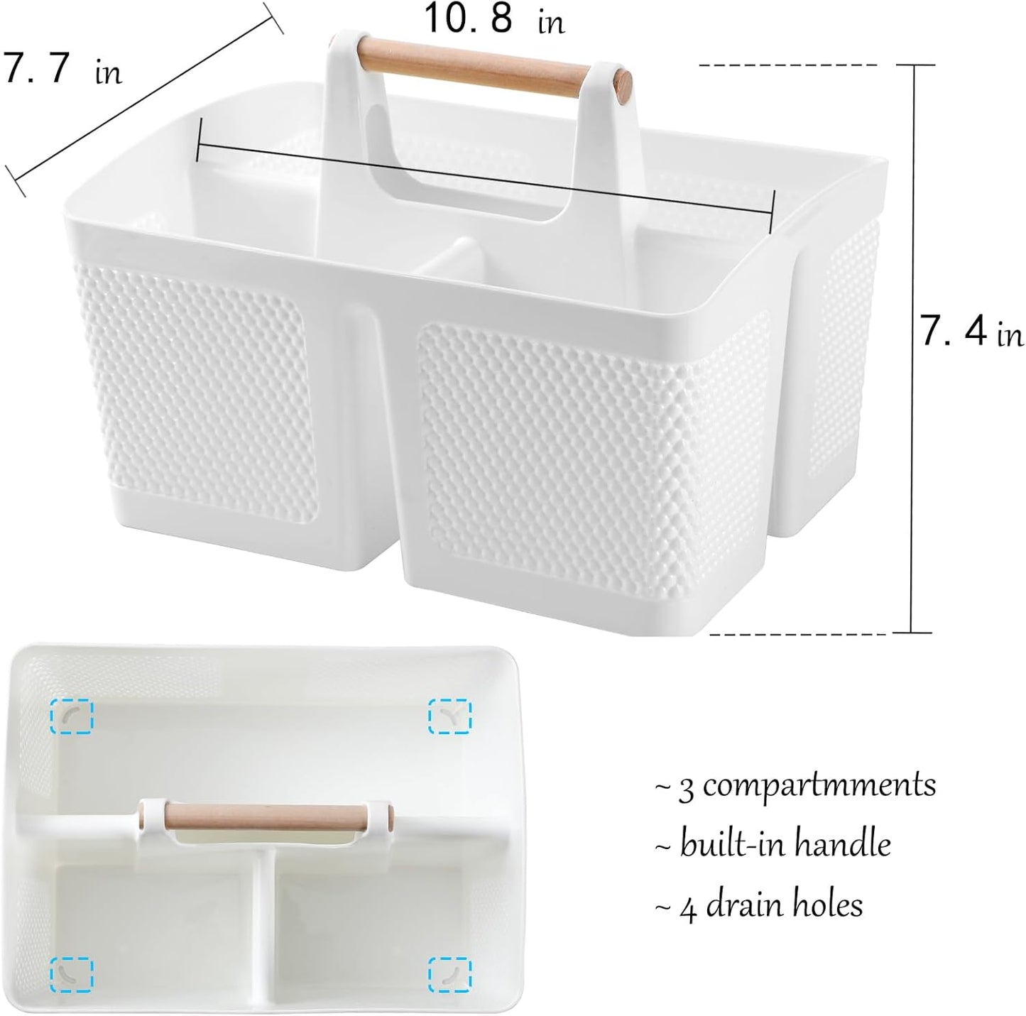 rejomiik Portable Shower Caddy Basket Plastic Cleaning Caddy Organizer Storage Tote with Handle for Bathroom, College, Dorm Room Essentials, White