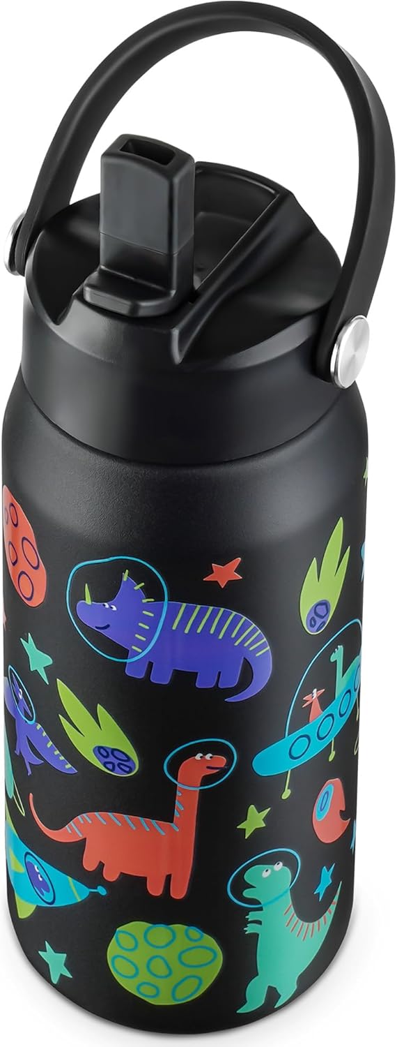 OLDLEY kids Water Bottle - 18oz Insulated Stainless Steel - Wide Straw Lid, Non Spill, Leakproof, Kids Water Bottle for School,Space Dinosaur