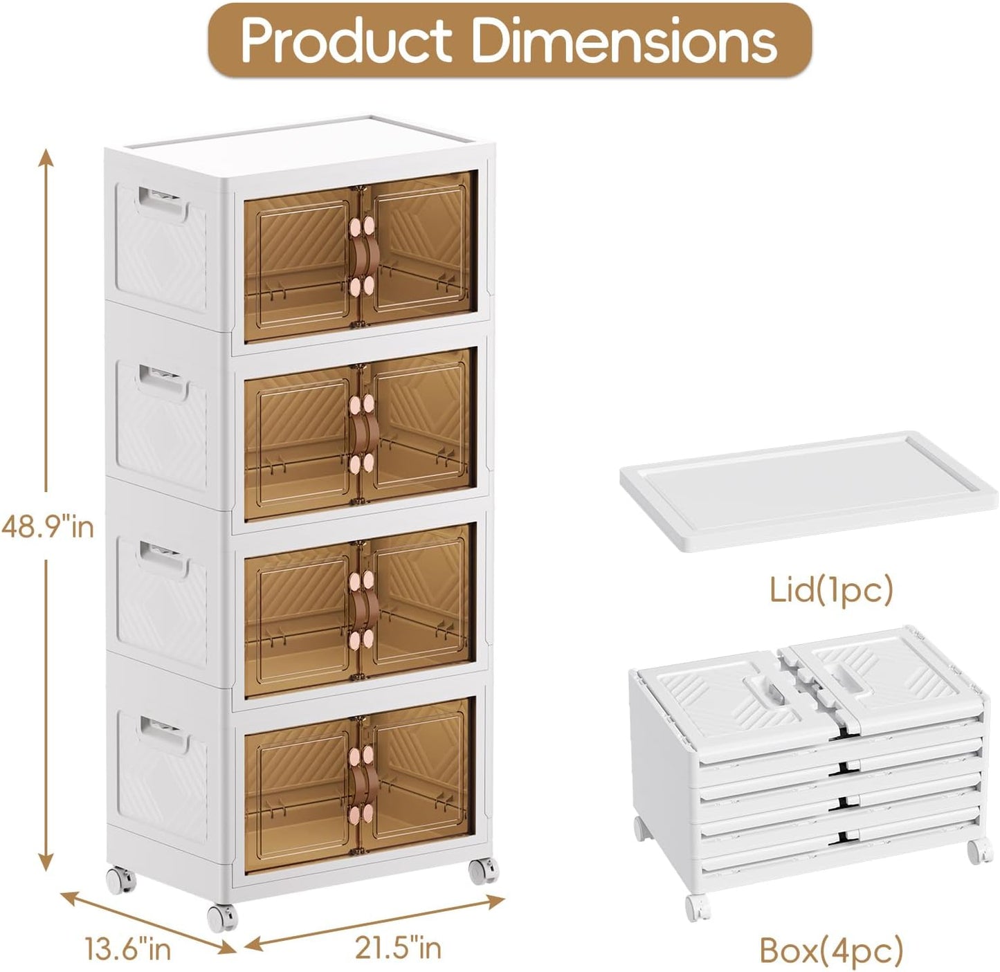 JEKO&JEKO 247Qt Stackable Storage Bins with Lids and Wheels, Foldable Collapsible Plastic Boxes for Clothes, Home, White, 4 Pack