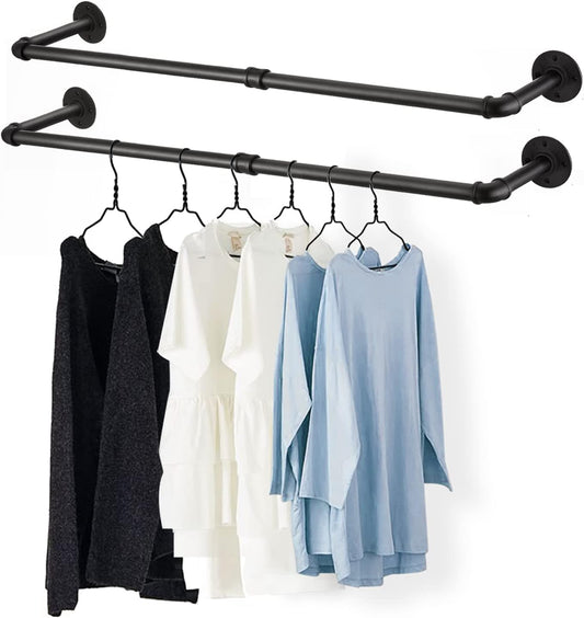 36” Wall Mounted Clothes Rack, Industrial Pipe Black Iron Garment Bar, Heavy-Duty Detachable Clothing Rod, Multi-Purpose Metal Wall display Hanging Pole for Closet Storage (Set of 2)
