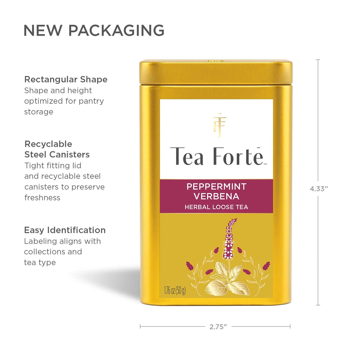 Tea Forte Peppermint Verbena Premium Loose Leaf Caffeine-Free Herbal Tea Blend Canister, Makes 35-50 Cups