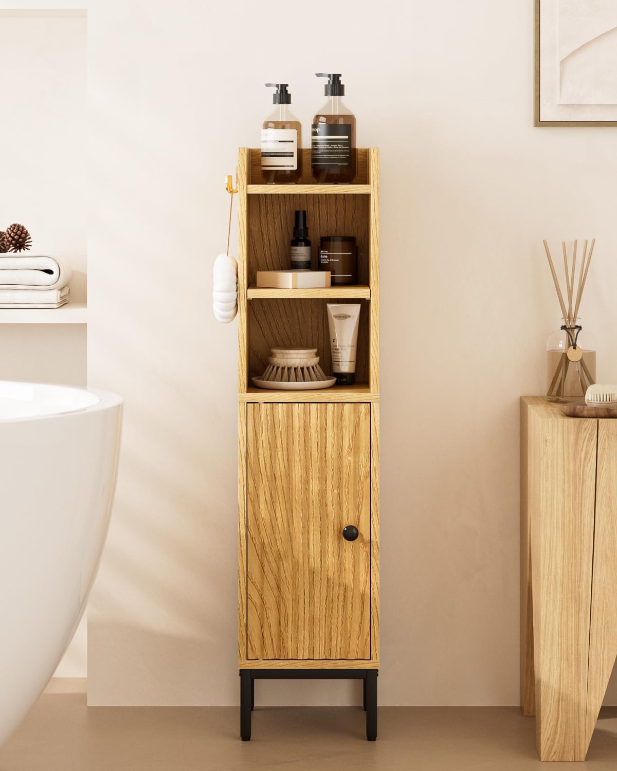 Bathroom Storage Cabinet, Small Corner Floor Hutch with Door and Shelves, Narrow Toilet Paper Cabinet, Bathroom Organizer with Adjustable Shelf, for Toile、Small Spaces