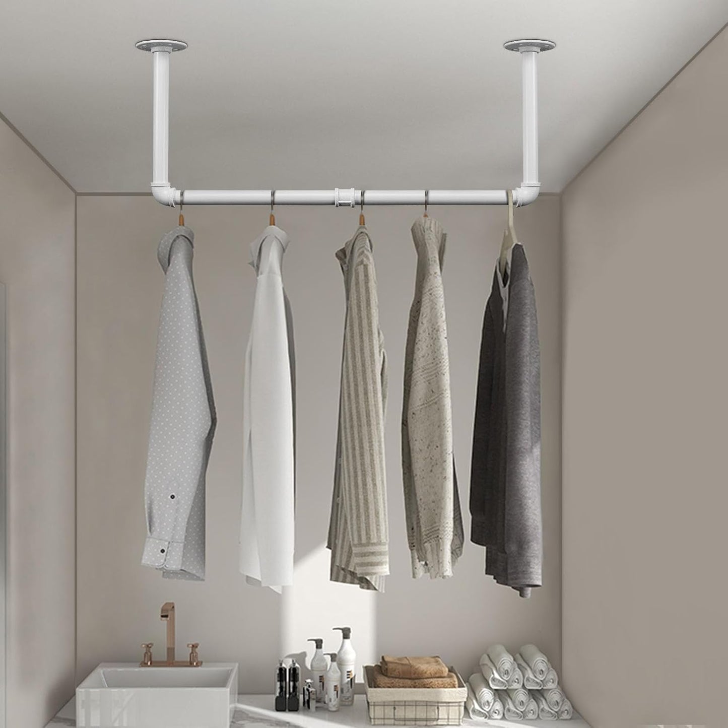 Industrial Iron Pipe Clothes Hanging Bar DIY Wall-Mounted Garment Rack Heavy Duty Clothing Rack for Bedroom, Laundry Room, Closet Storage (White 24 inch)