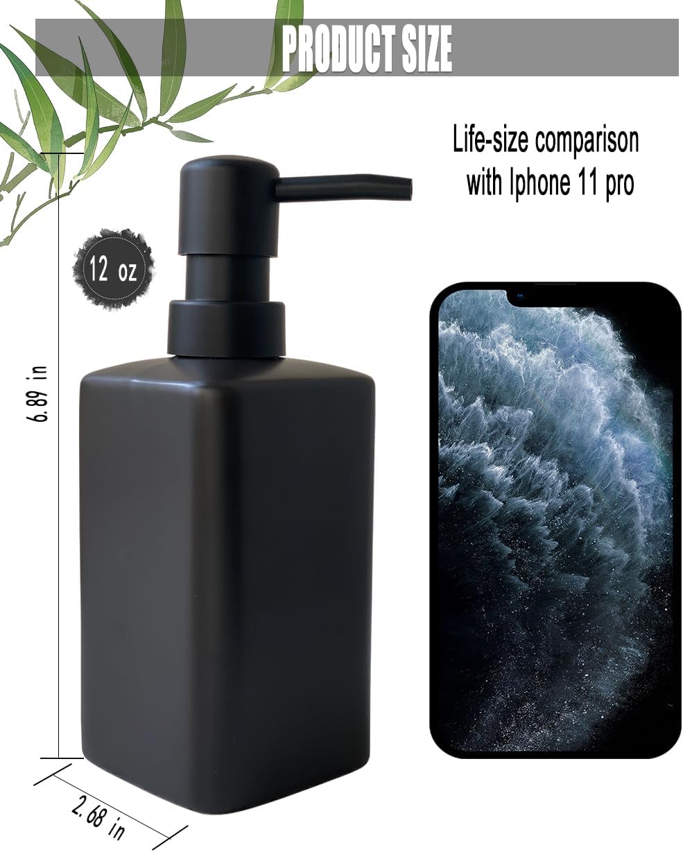 Soap Dispenser - Black Rectangular, 12 Oz, Ceramic with Plastic Pump