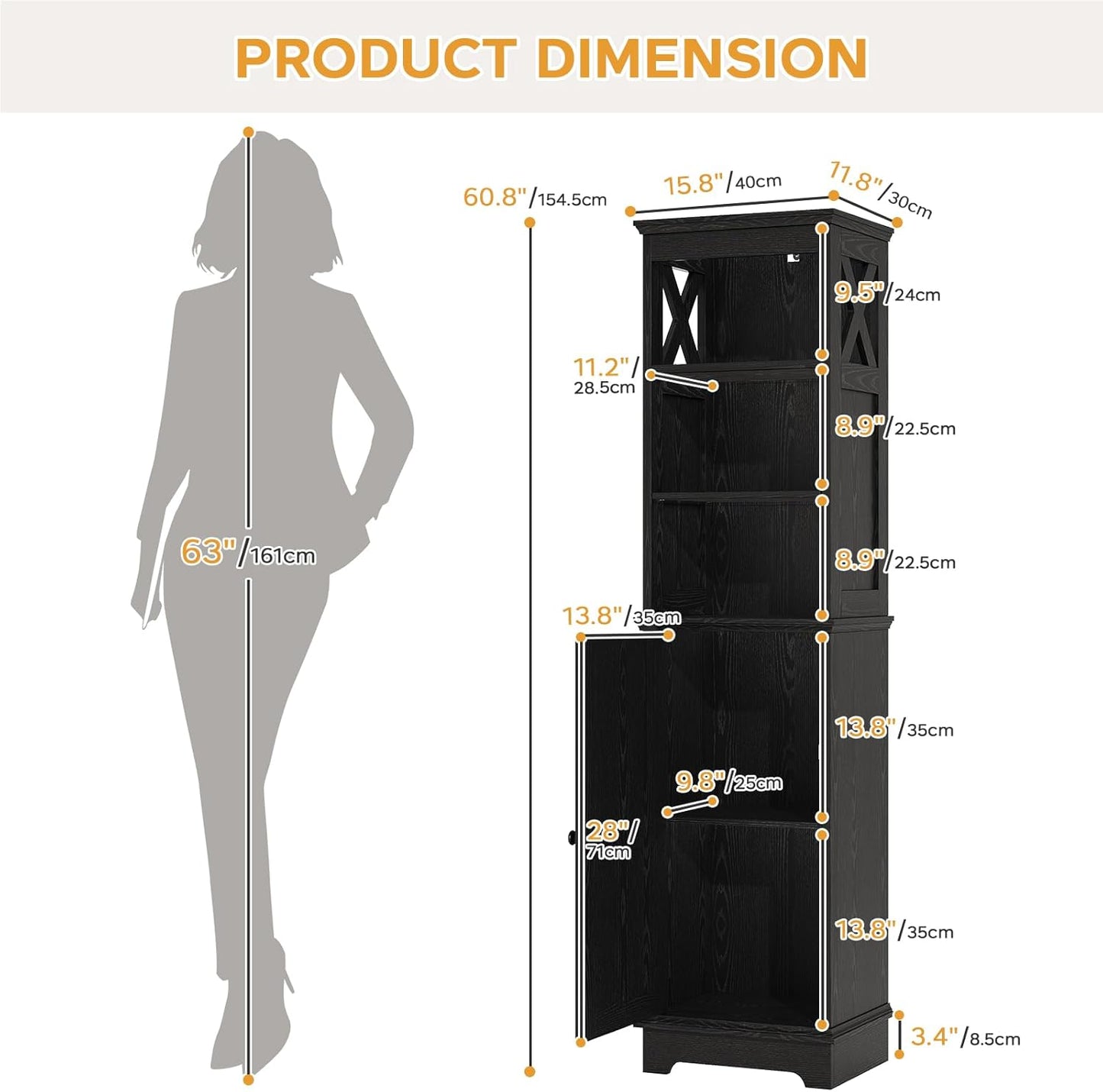 Farmhouse 60.9" H Tall Narrow Storage Cabinet with Door and Open Adjustable Shelves, Freestanding Organizer for Bathroom, Kitchen, Entryway, Wooden Tower Corner Cabinet, Black