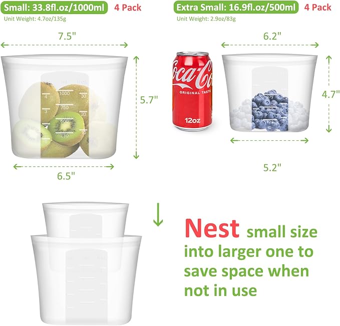 Reusable Sandwich & Snack Bags, 8 Pack 100% Silicone Stand Up Zip Lock Food Storage Bags for Food Container, Freezer Microwave Oven Dishwasher Safe, 4 Small 4 Extra Small, Translucent