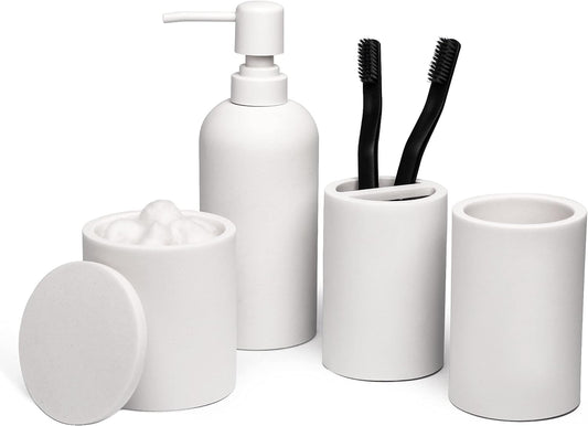 Matte White Bathroom Accessories Set – 4-Piece Resin Countertop Organizer with Soap Dispenser, Tumbler, Toothbrush Holder & Cotton Swab Jar – Modern Minimalist Vanity Kit