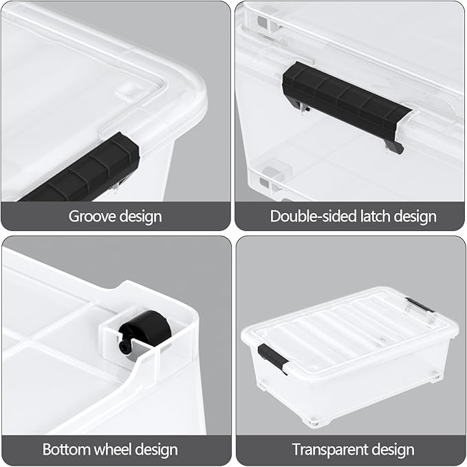 20 Quart Under Bed Plastic Latch Storage Totes with Wheels, Clear Underbed Storage Container, 4 Packs