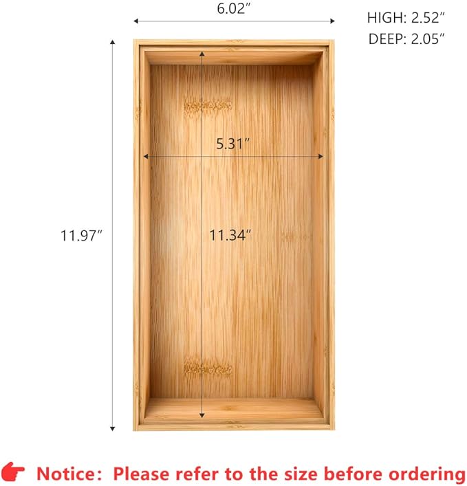 Drawer Organizer Utensil Holder for Kitchen, Small Wood Silverware Storage Organizer, Stackable Box Tray for Cutlery, Flatware, Bathroom Countertop Caddy for Makeup, Jewelry(12"6"2.5")