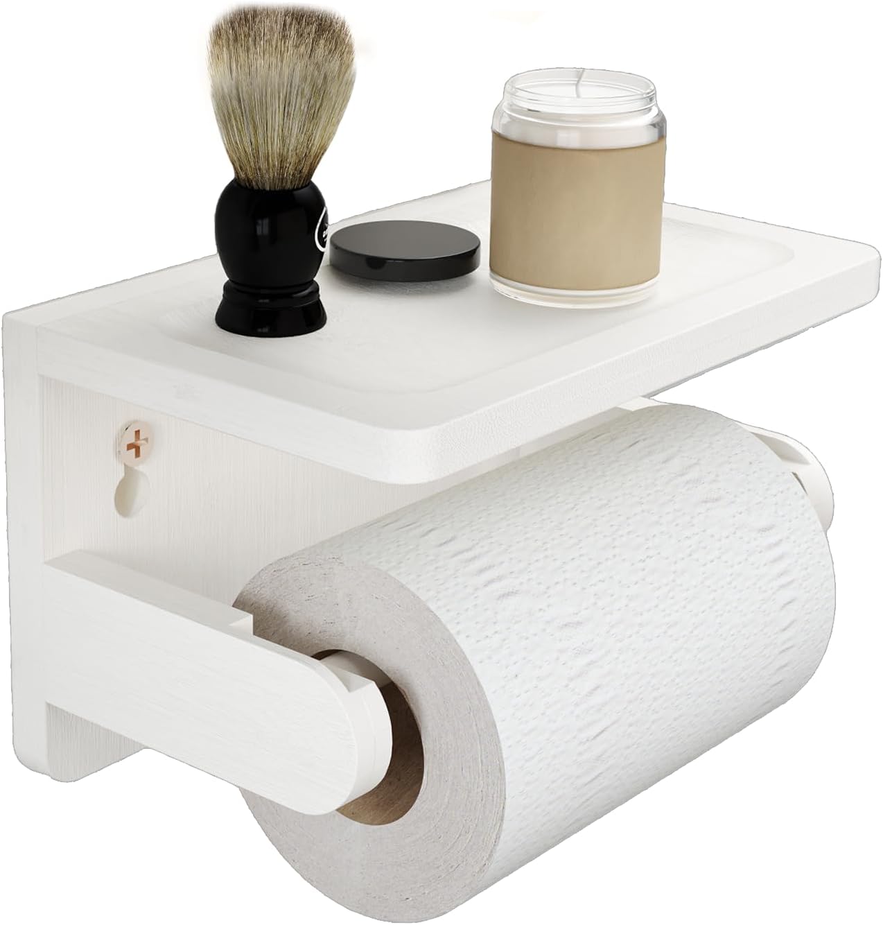 Drill-Free Toilet Paper Holder with Phone Shelf Bamboo Wall-Mounted, No-Drill & Drillable, Bathroom Storage Organizer, Space Saver Tissue Roll Rack for Bathroom, Kitchen, Home Decor (White)