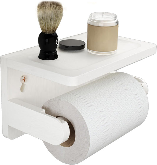 Drill-Free Toilet Paper Holder with Phone Shelf Bamboo Wall-Mounted, No-Drill & Drillable, Bathroom Storage Organizer, Space Saver Tissue Roll Rack for Bathroom, Kitchen, Home Decor (White)