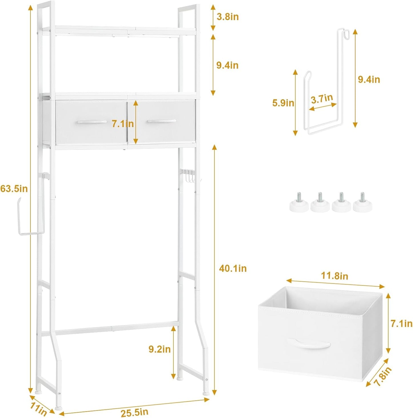 YBING Over The Toilet Storage Cabinet, Over Toilet Bathroom Organizer with Drawer, Above Toilet Stand with Roll Holder and Hooks, Over Toilet Storage Shelf Cabinet, Wooden, White